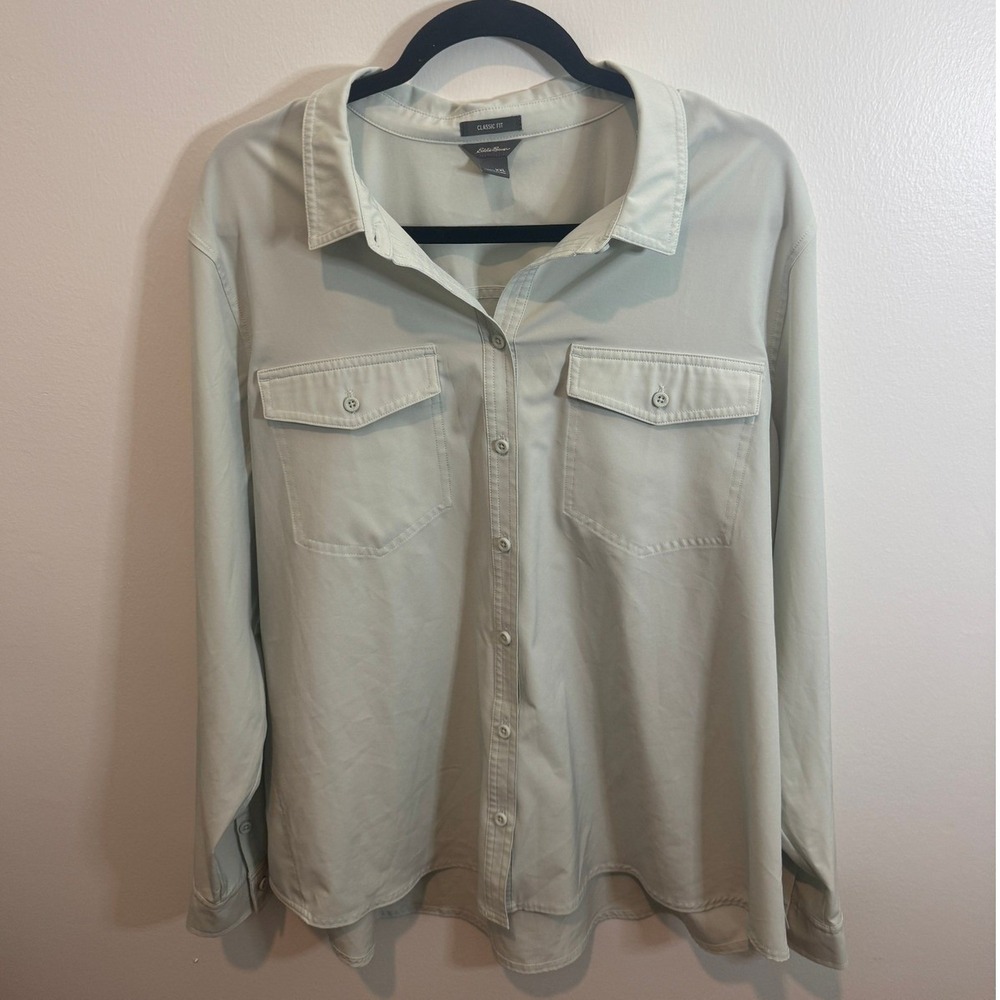 Eddie Bauer Utility Shirt Womens XXL Sage Green Used Classic Fit Long Sleeve